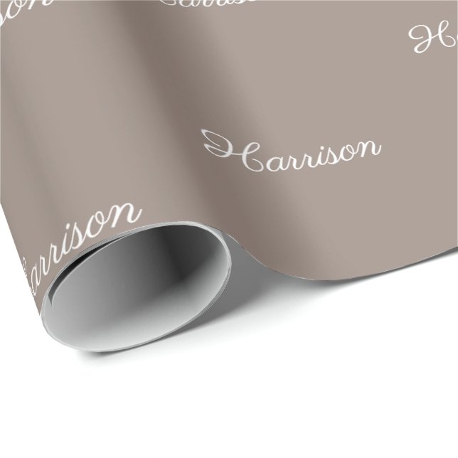 Elegant greige beige script custom name birthday  wrapping paper (Roll Corner)