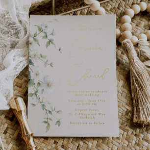 Elegant Greige & Gold Foil + Wildflower Wedding Invitation