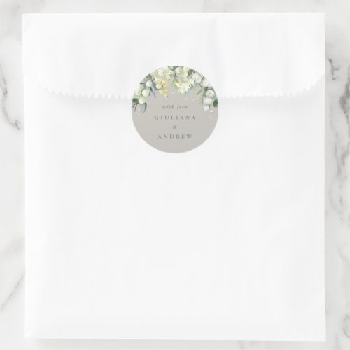 Elegant Greige SnowberryEucalyptus Wedding Classic Round Sticker