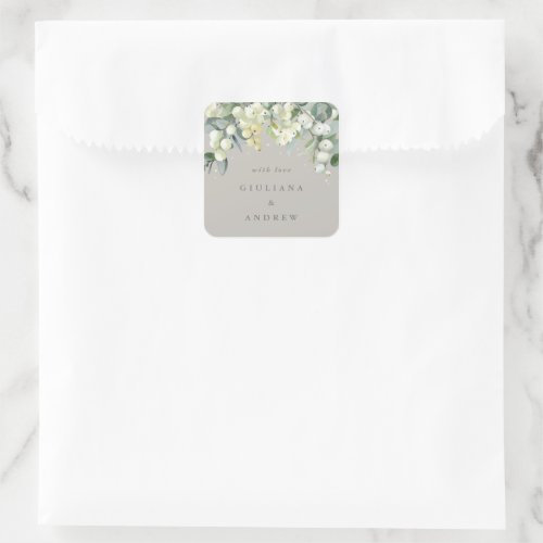Elegant Greige SnowberryEucalyptus Wedding Square Sticker
