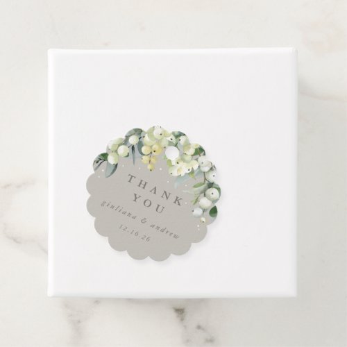 Elegant Greige SnowberryEucalyptus Winter Wedding Favor Tags
