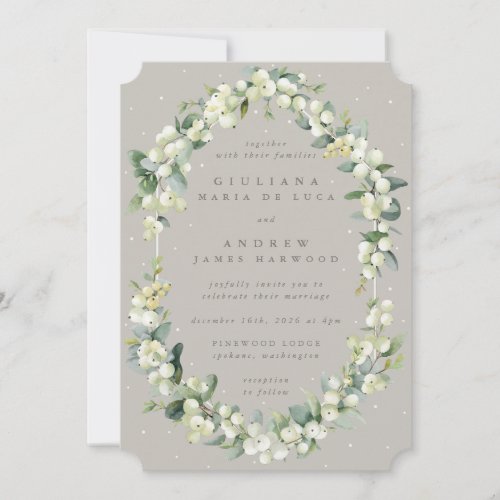 Elegant Greige SnowberryEucalyptus Winter Wedding Invitation