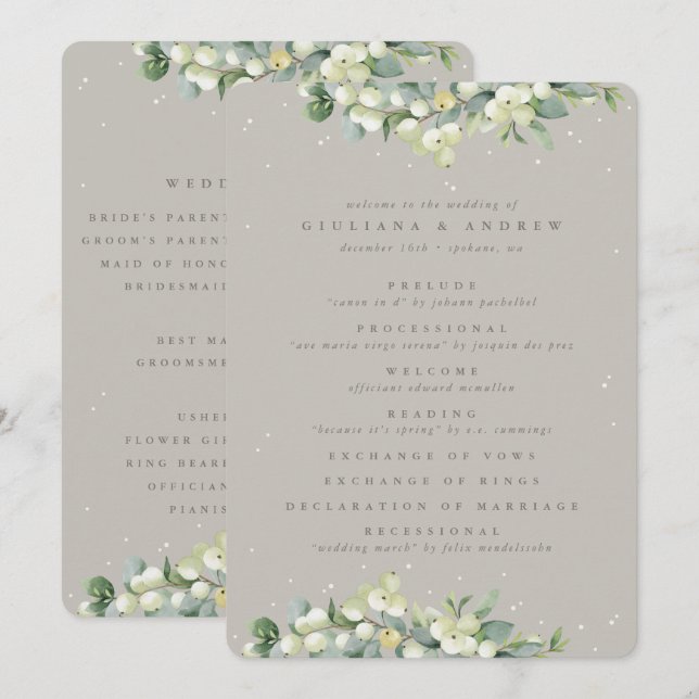 Elegant Greige Snowberry+Eucalyptus Winter Wedding Program (Front/Back)