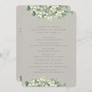 Elegant Greige Snowberry+Eucalyptus Winter Wedding Program