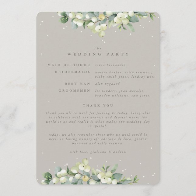 Elegant Greige Snowberry+Eucalyptus Winter Wedding Program (Back)