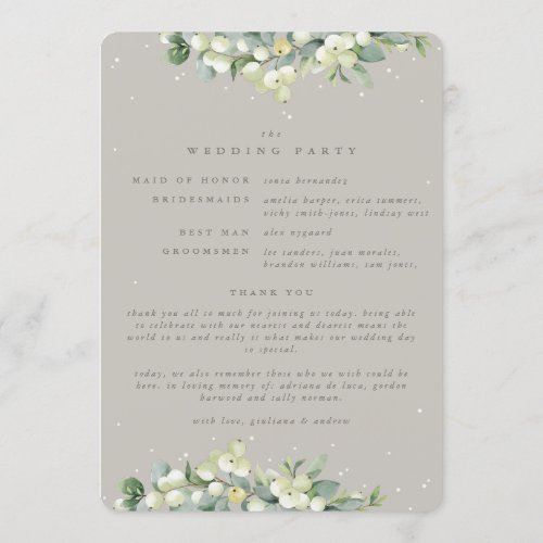 Elegant Greige SnowberryEucalyptus Winter Wedding Program