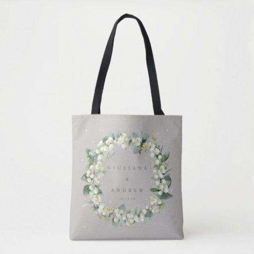 Elegant Greige SnowberryEucalyptus Winter Wedding Tote Bag