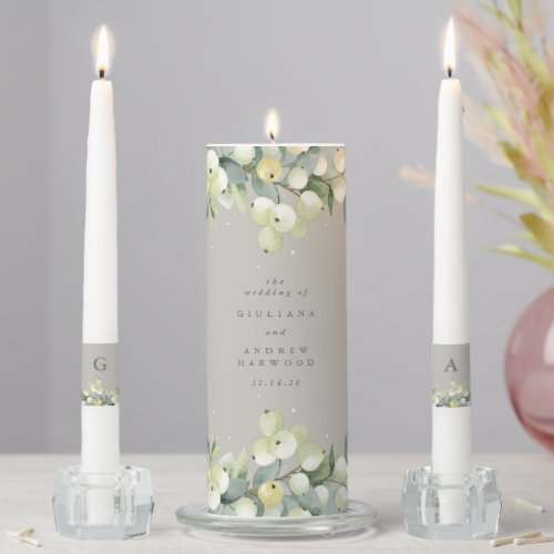 Elegant Greige SnowberryEucalyptus Winter Wedding Unity Candle Set