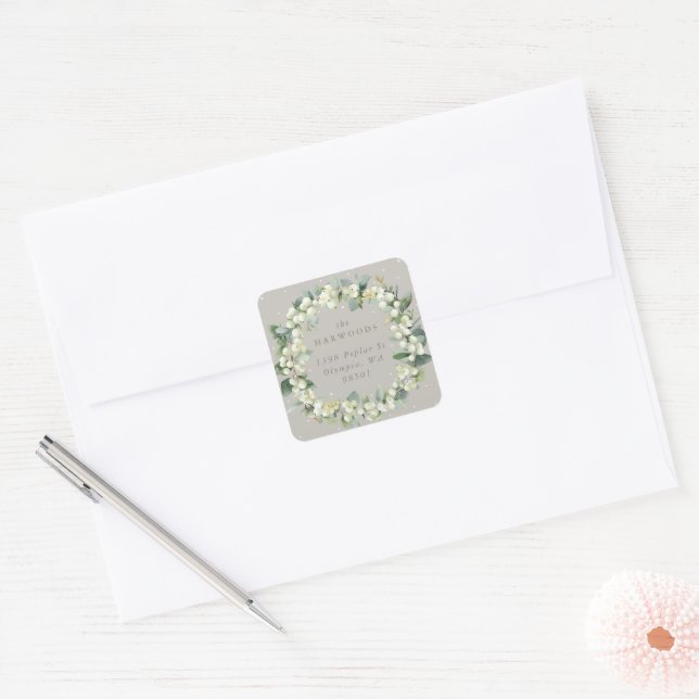 Elegant Greige Snowberry+Eucalyptus Wreath Address Square Sticker (Envelope)