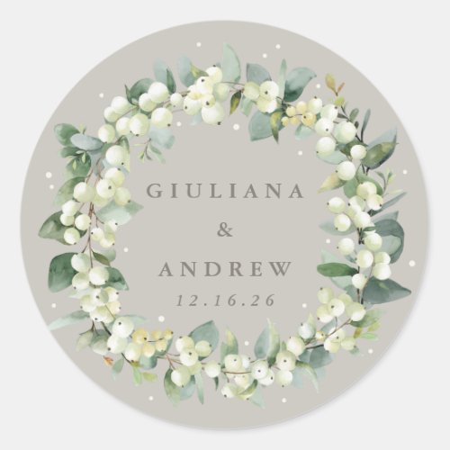 Elegant Greige SnowberryEucalyptus Wreath Wedding Classic Round Sticker