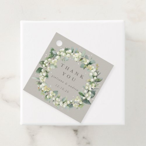 Elegant Greige SnowberryEucalyptus Wreath Wedding Favor Tags