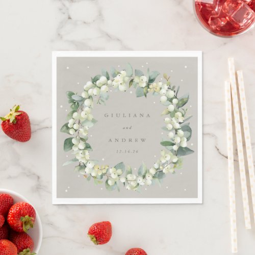 Elegant Greige SnowberryEucalyptus Wreath Wedding Napkins