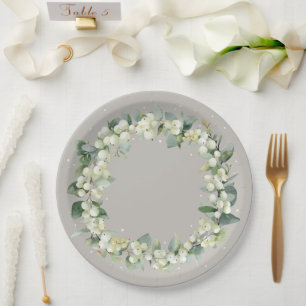 Elegant Greige Snowberry+Eucalyptus Wreath Wedding Paper Plates