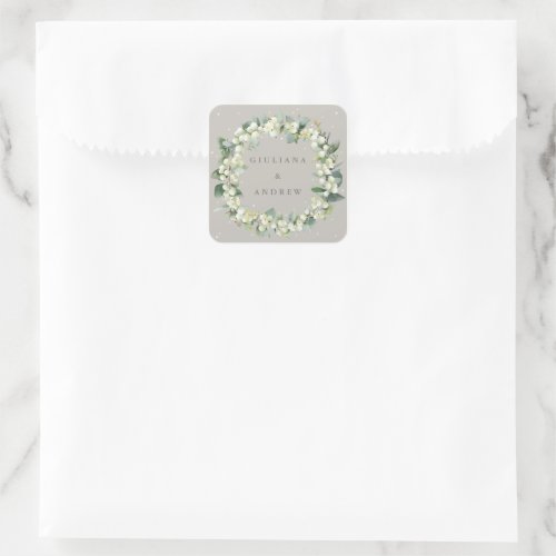 Elegant Greige SnowberryEucalyptus Wreath Wedding Square Sticker