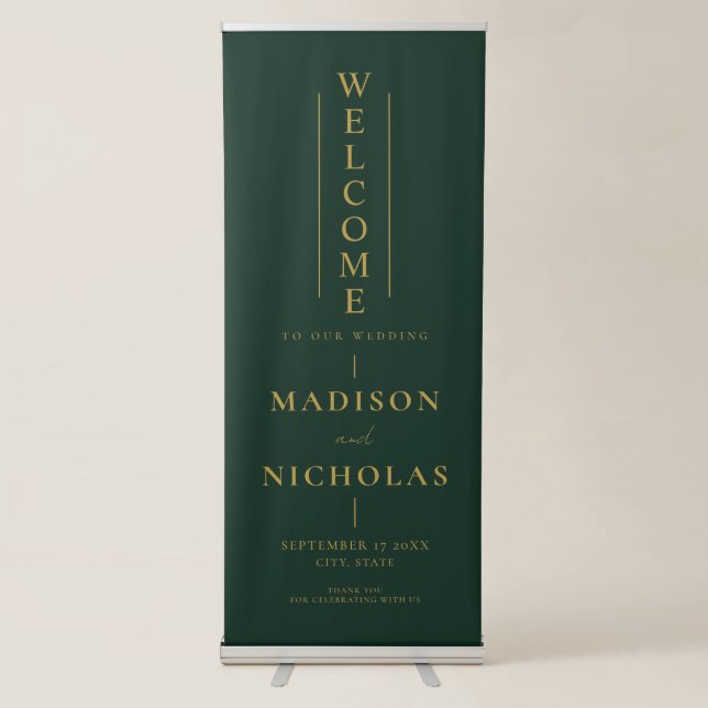 Elegant Gren Gold Wedding Welcome Retractable Banner (Front)