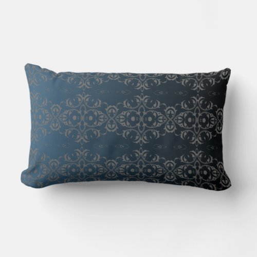 Elegant Grey And Blue Metallic Damask Pattern Lumbar Pillow