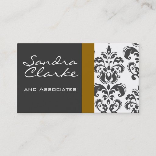 Customizable Elegant Grey and Gold Damask Pattern Business Card