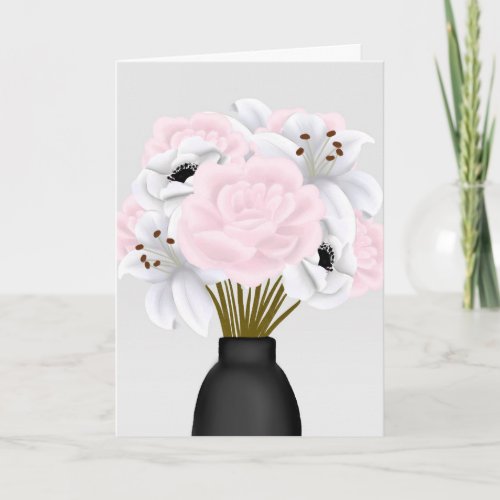 Elegant Grey and Pink Flowers in Vase Blank Card