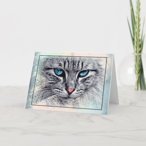 Elegant Grey and White Cat with Blue Eyes Card