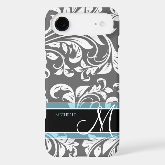Elegant Grey and white floral damask w/ monogram Case-Mate iPhone Case (Back)