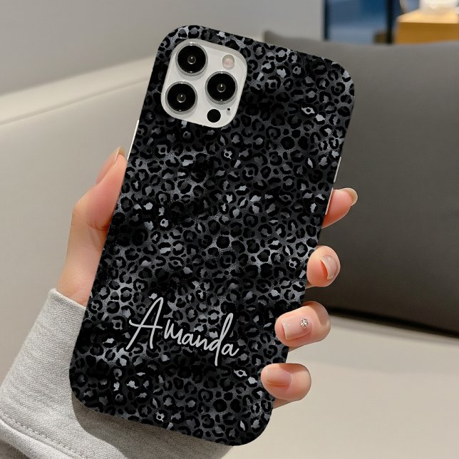 Elegant Grey Black Leopard Print Monogram Iphone Case (Creator Uploaded)