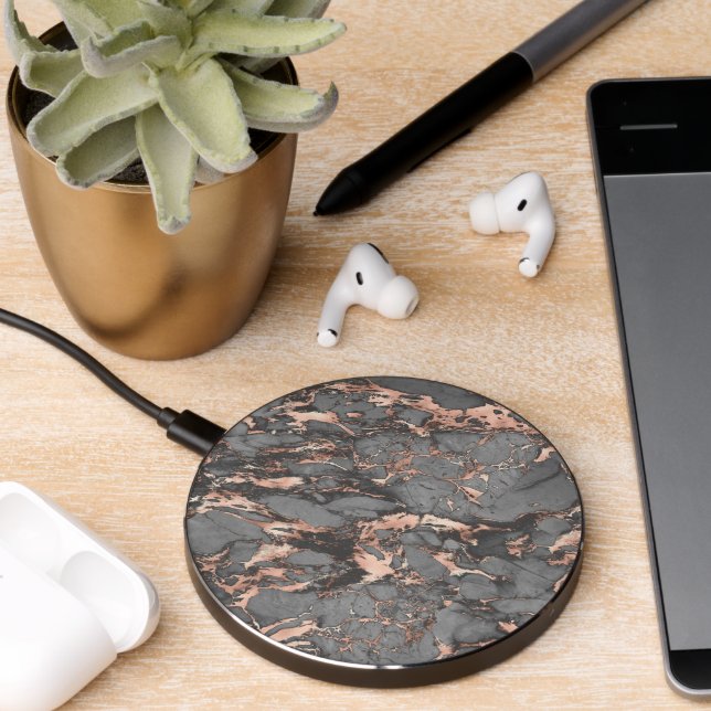 Elegant Grey Black & Rose Gold Marble Wireless Charger (Desk 2)