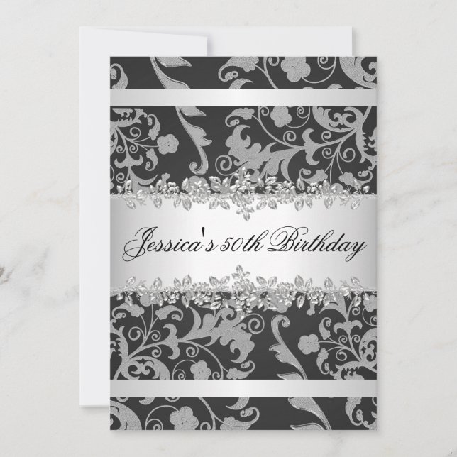 Elegant Grey Black Silver Roses Birthday Party Invitation (Front)