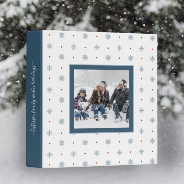 Elegant grey blue snowflakes custom photo 3 ring binder (Elegant white snowflake custom photo binder)