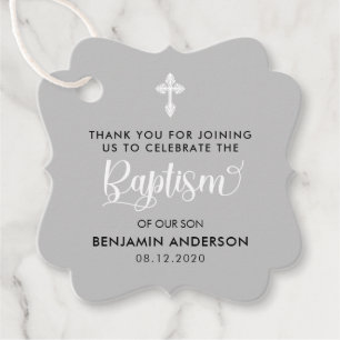 Elegant Grey Boy Baptism Thank You Favor Tags