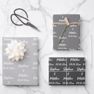 Elegant Grey Bride Groom Names Weddings Wrapping Paper Sheets