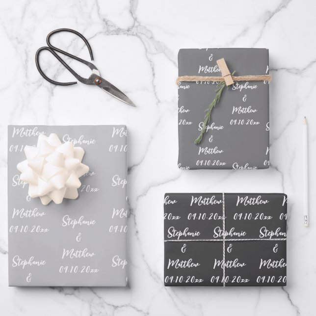 Elegant Grey Bride Groom Names Weddings Wrapping Paper Sheets (Front)