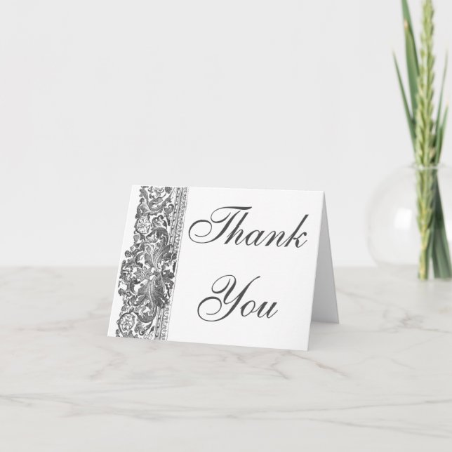 Elegant grey Brocade border Thank you note card (Front)