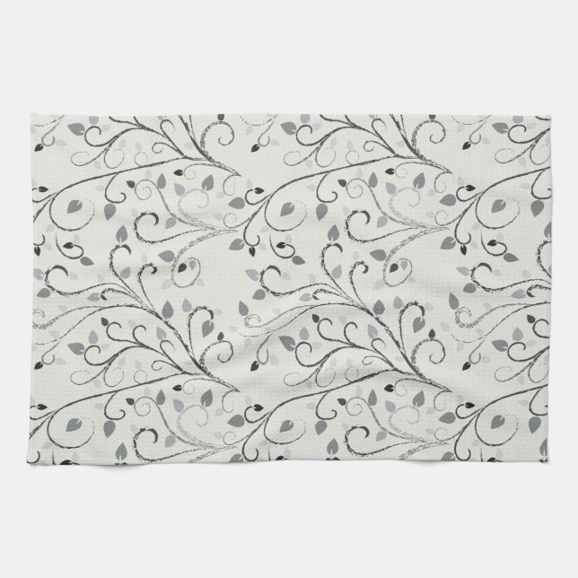 Elegant grey contrast leaf pattern kitchen towel (Horizontal)