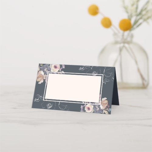 Elegant Grey Cream Floral Navy Background  Place Card