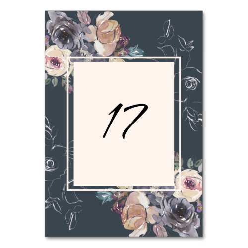 Elegant Grey Cream Floral Navy Background Table Number