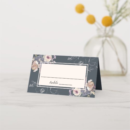 Elegant Grey Cream Floral Navy Background Wedding Place Card