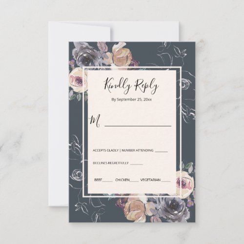 Elegant Grey Cream Floral Navy Background Wedding RSVP Card