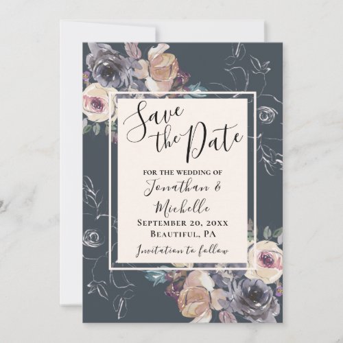 Elegant Grey Cream Floral Navy Background Wedding Save The Date