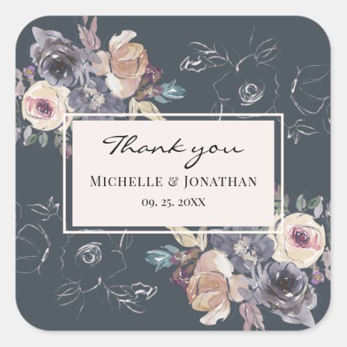 Elegant Grey Cream Floral Navy Background Wedding Square Sticker