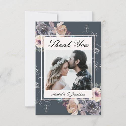 Elegant Grey Cream Floral Photograph Wedding Thank You Card