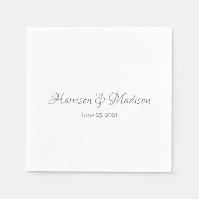 Elegant Grey Custom Script Names Date Wedding Napkins (Front)