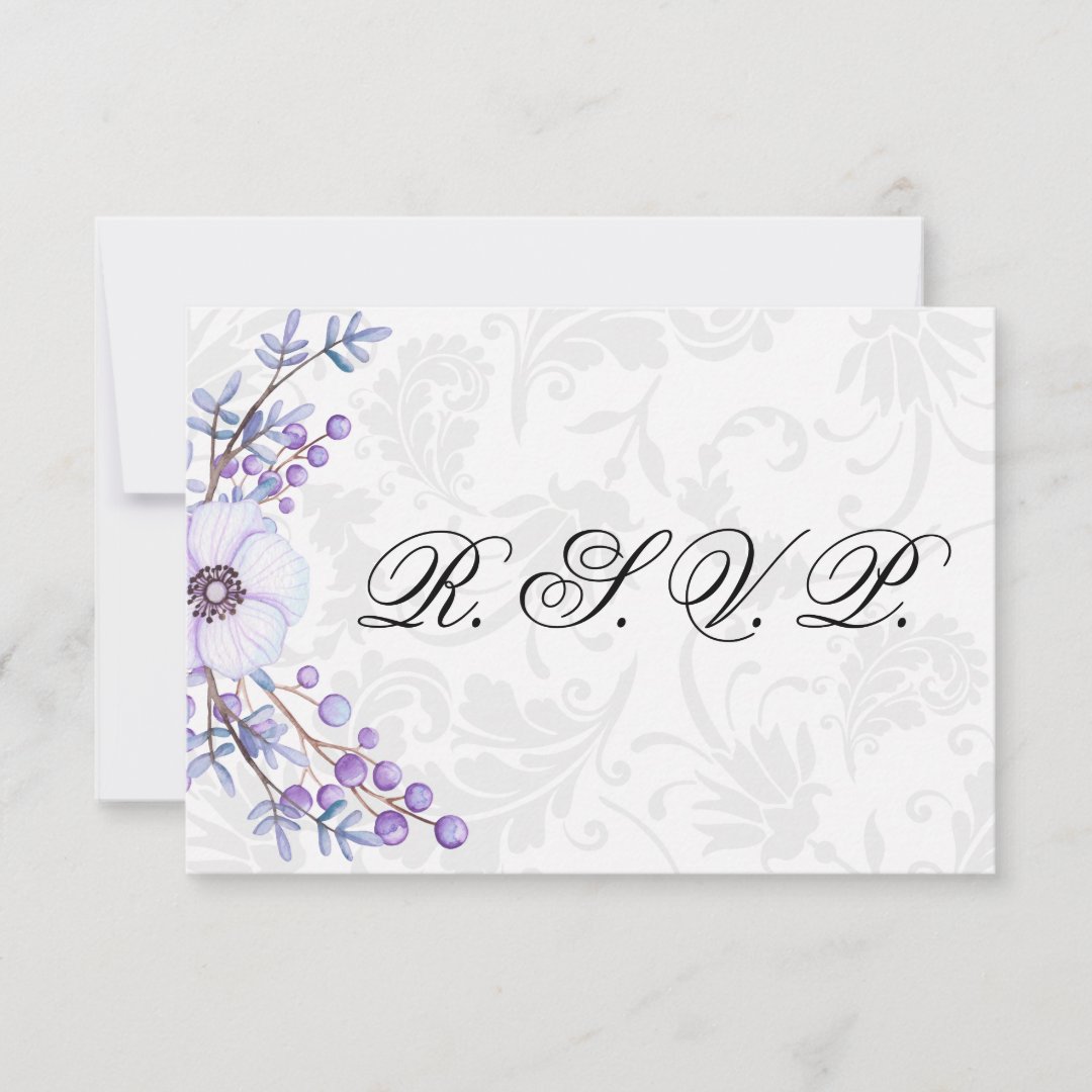 Elegant Grey Damask and Purple Floral Wedding RSVP Zazzle