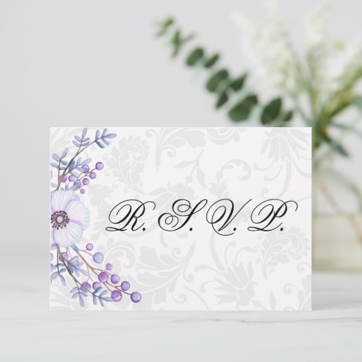 Elegant Grey Damask and Purple Floral Wedding RSVP Zazzle