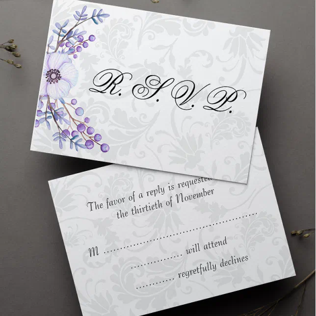 Elegant Grey Damask and Purple Floral Wedding RSVP Zazzle