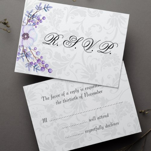 Elegant Grey Damask and Purple Floral Wedding RSVP