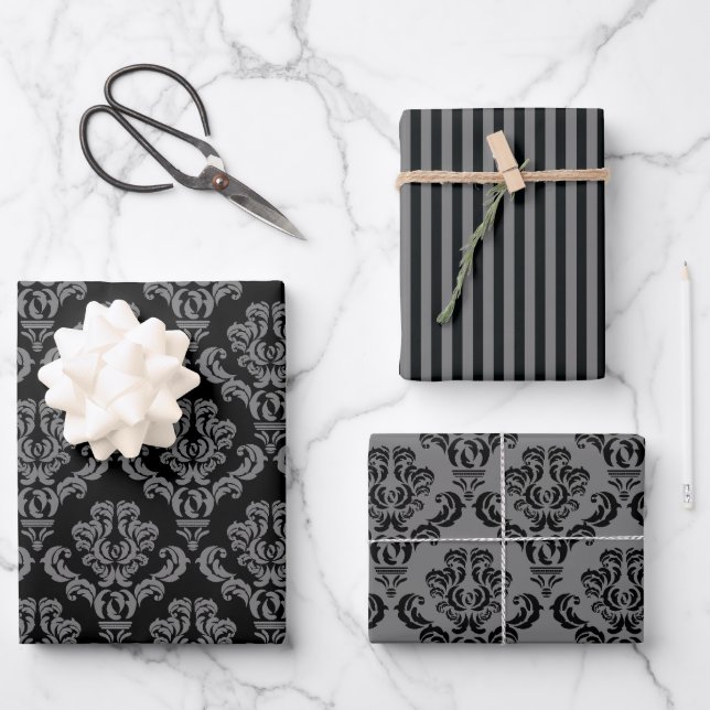 Elegant Grey Damask Wrapping Paper Sheets (Front)