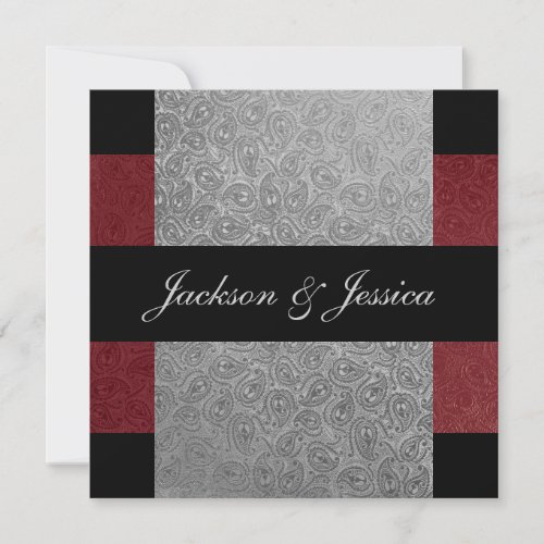 Elegant Grey Dark Red Paisley Engagement Party Invitation