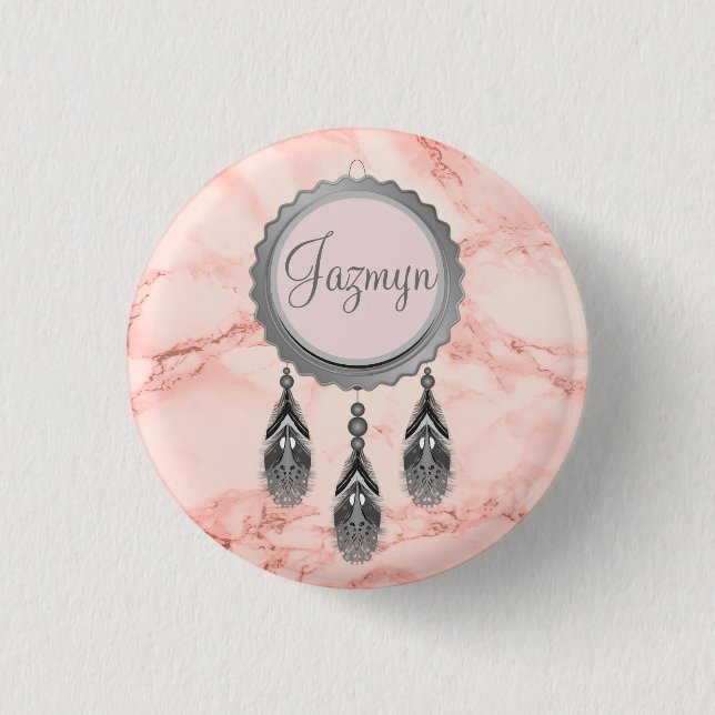 Elegant Grey Dreamcatcher on Pink Marble  Button (Front)