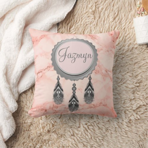 Elegant Grey Dreamcatcher on Pink Marble Throw Pillow