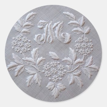 Elegant Grey Embroidery Floral Monogram Letter M Classic Round Sticker by WhenWestMeetEast at Zazzle
